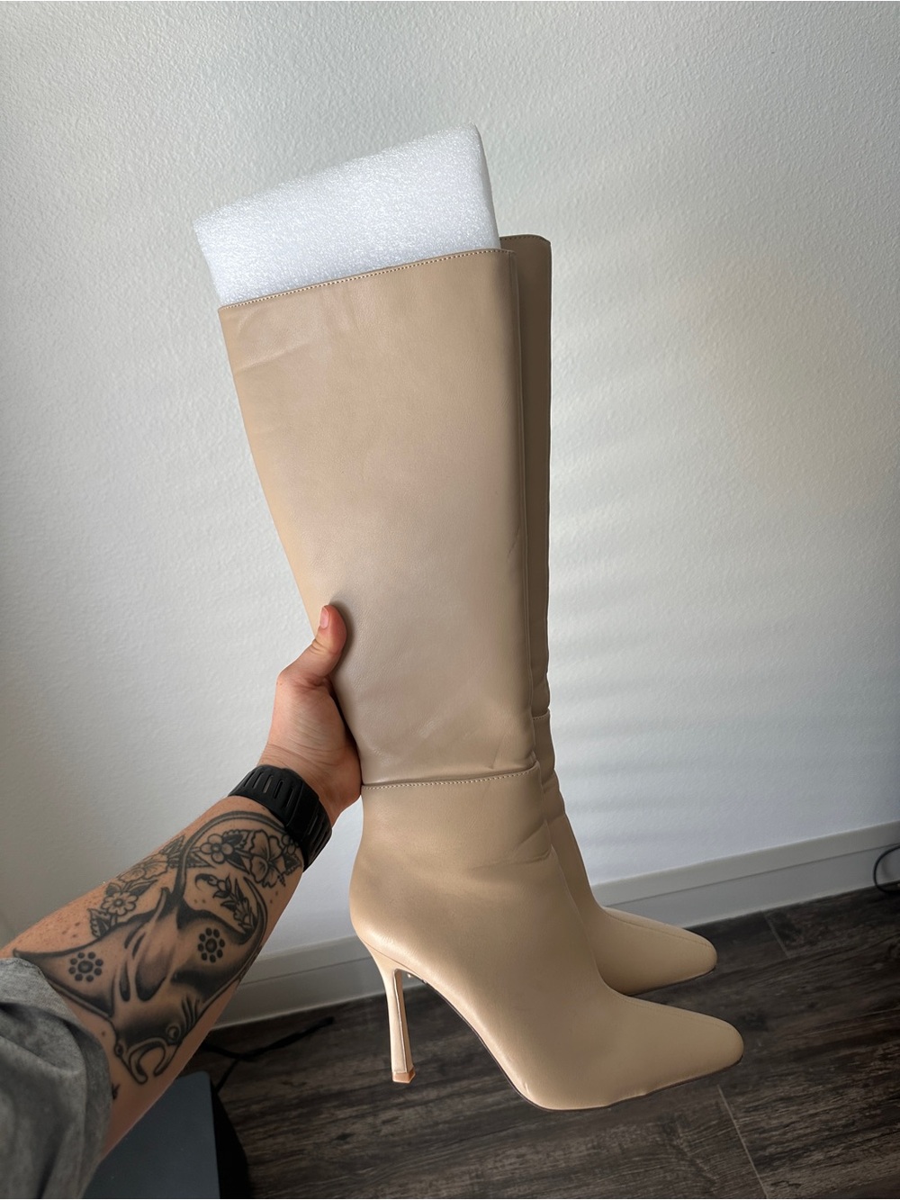 Knee-High Pointed Toe Stiletto Boots in Beige